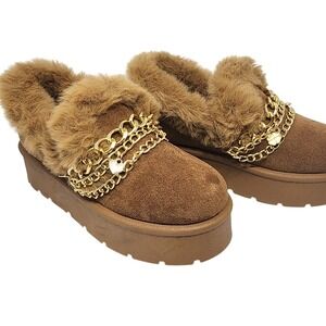 Carl Karida Brown Faux Fur Suede Platform Chain Heart Accent Mules Size 6.5